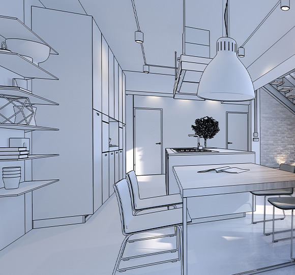 a modern kitchen interior design featuring minimalist shelves a dining table with two chairs and a potted plant emphasizing contemporary style and space utilization