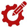 red gear icon with a pencil representing design and creativity with a focus on number thirteen design projects